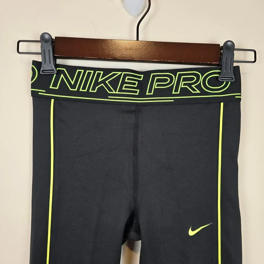 Nike PRO Dri-fit Tight Leggings Size M/10-12 Kids Black Volt FZ5613-010 Training